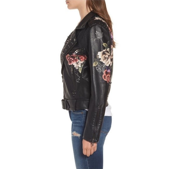 NWT Floral Printed Faux Leather Moto Jacket Vegan - Picture 5 of 7